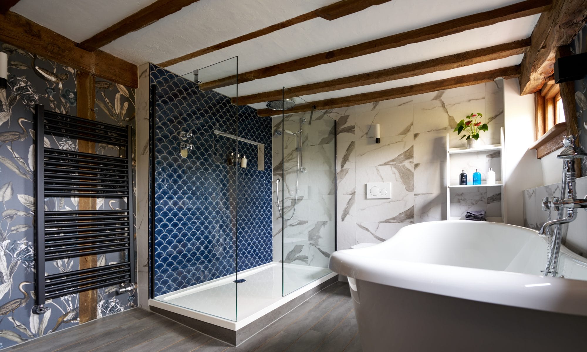 Luxury Family Bathroom with Freestnading Boat Bath and Marble Effect Porcelain Tiles including Bespoke Painted Shaker Timber Vanity