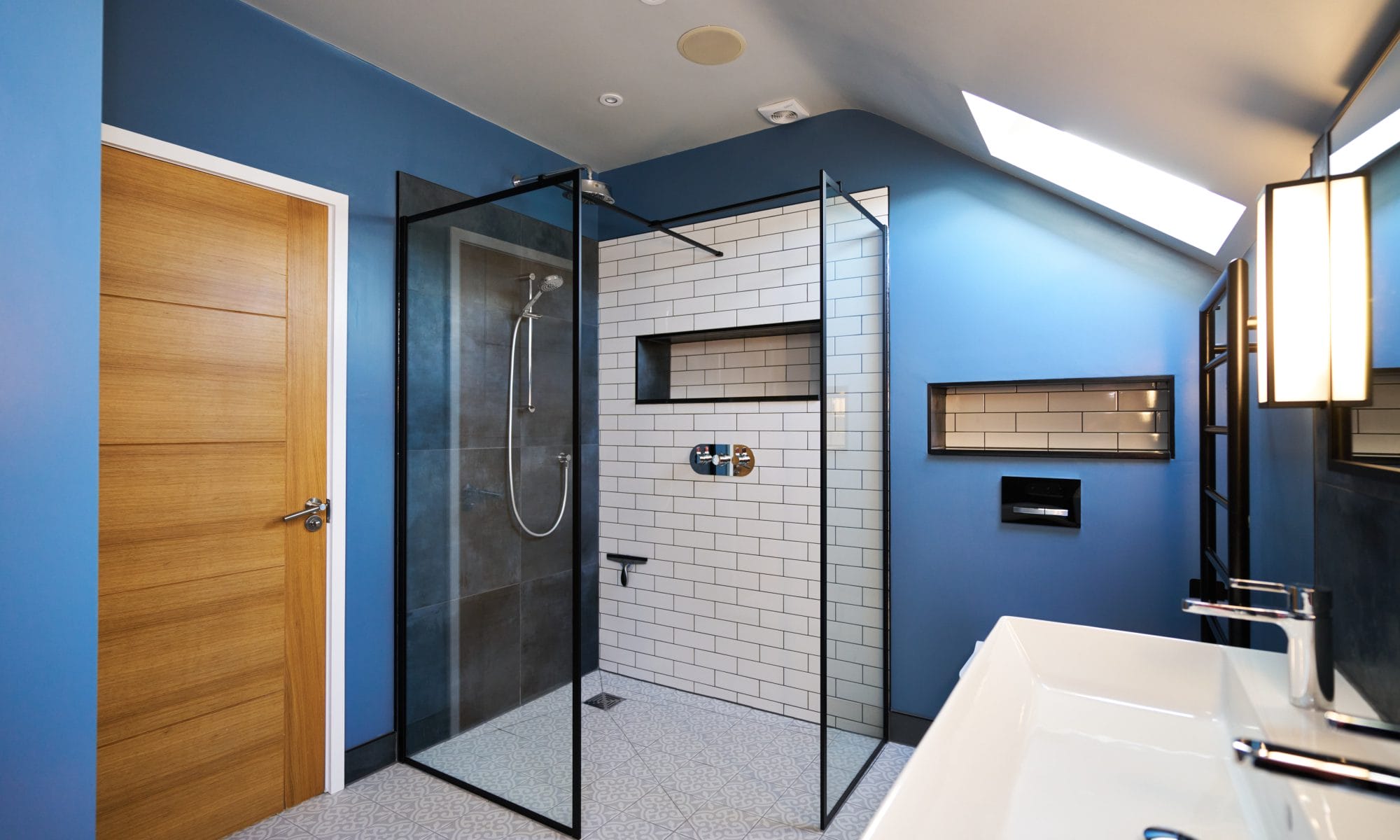 Walk In Shower with Black Crittle Shower Enclosure and White Brick Tiles