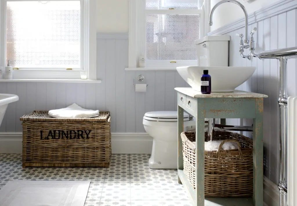 family bathroom with tongue and groove panelling and up cycled bathroom vanity