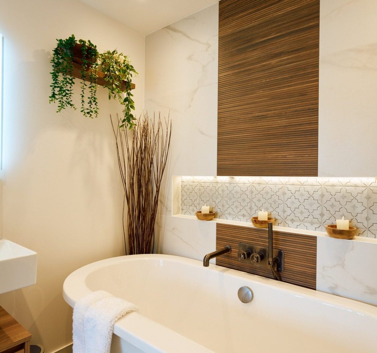 Angle view of freestanding bath beneath backlit patterned niche and wood‑slat feature strip in a small modern bathroom.