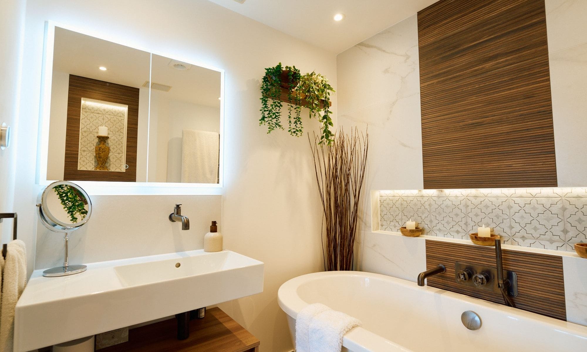 Modern Sussex bathroom with wall‑mounted basin, freestanding bath and wood‑slat feature wall with backlit tiled niche.